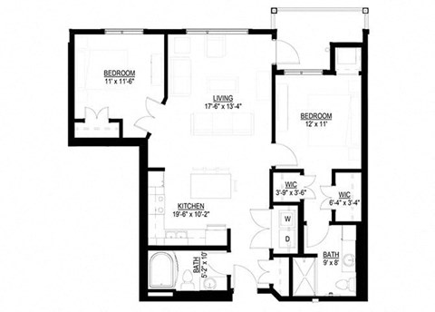 Floor plan for 2 beds, 2 baths, 1051 sqft